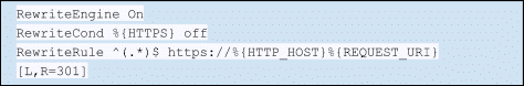 Snippet of code used to redirect traffic from HTTP to HTTPS requests on a server.