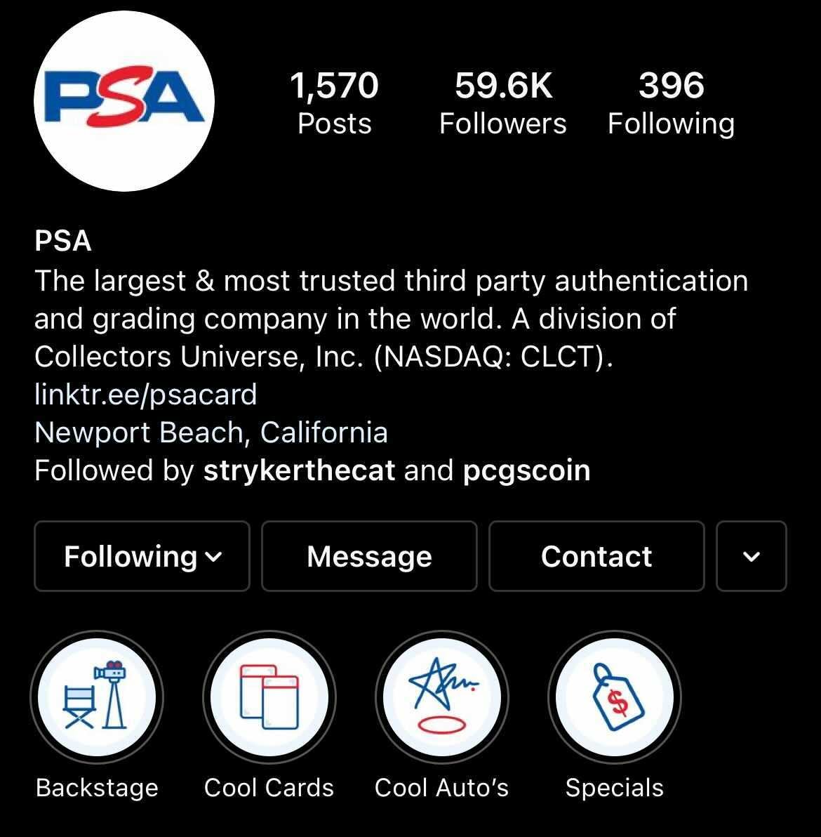 PSA cards Instagram profile