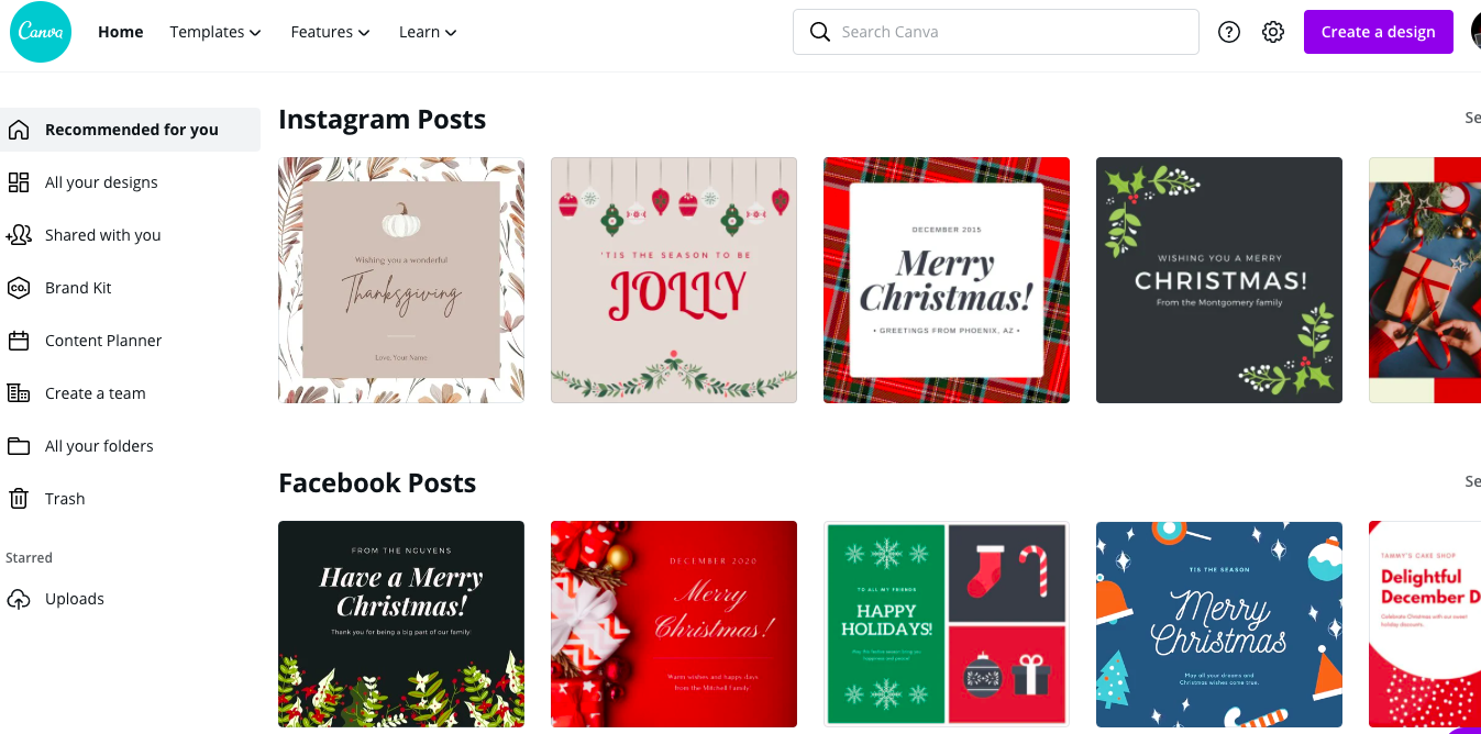 Canva's Homepage With Instagram Post Templates
