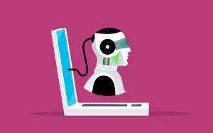 Illustration of a robot head connected to a laptop computer