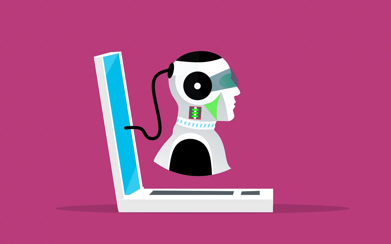 Illustration of a robot head connected to a laptop computer