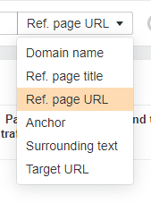 A screenshot of an Ahrefs list of a domain’s backlinks, circling the “Target URL” filtering option