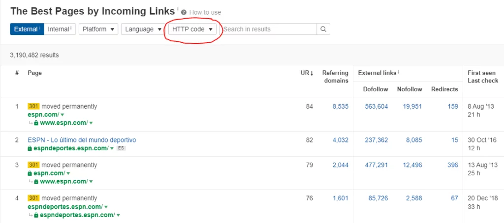 A screenshot of Ahrefs’ “Best By Links” results circling the link filter menu