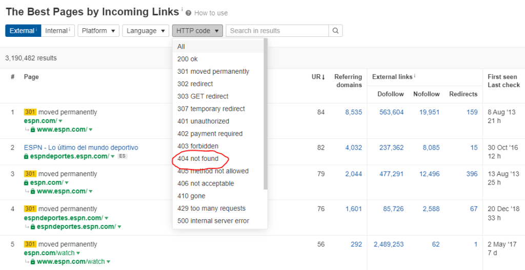A screenshot of Ahrefs “Best by Links” results circling the “404 not found” option of the link filter menu