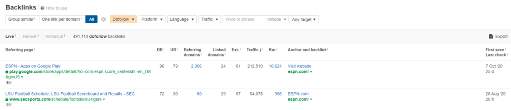 A screenshot of Ahrefs’ list of referring pages driving traffic to 404 error pages