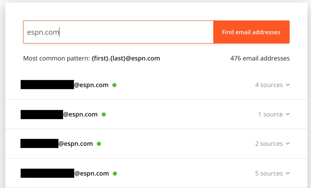 A screenshot showing Hunter.io’s list of confirmed email addresses for a searched domain