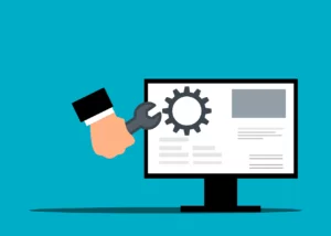 Illustration of a hand using a wrench to fix a gear on a website]