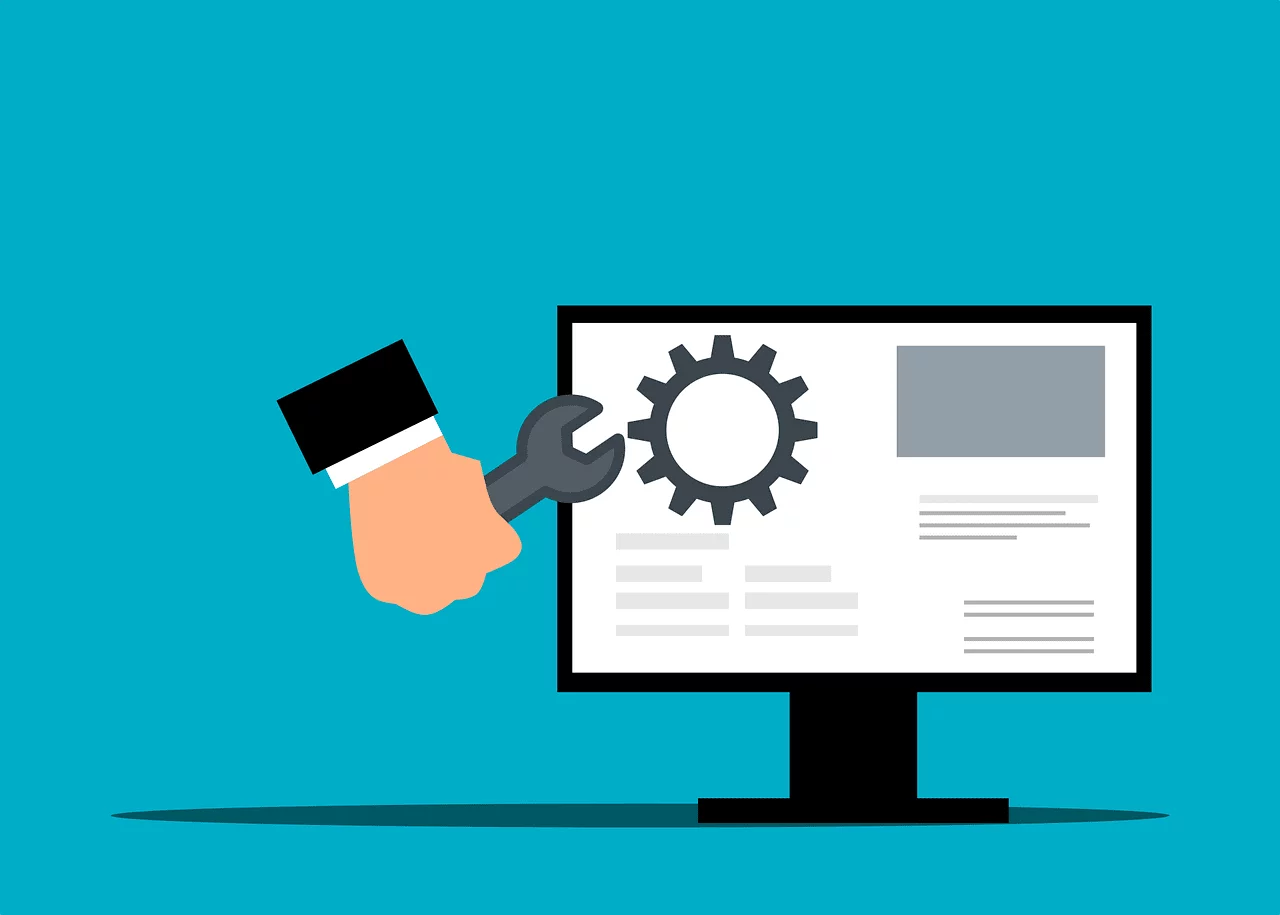 Illustration of a hand using a wrench to fix a gear on a website]