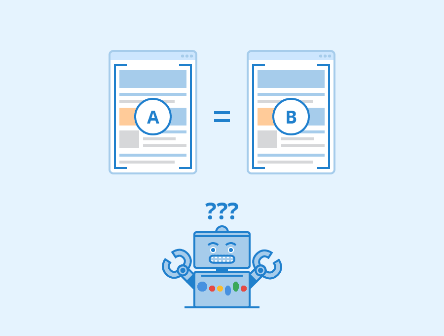 An illustration showing a search crawler confused by duplicate content pages