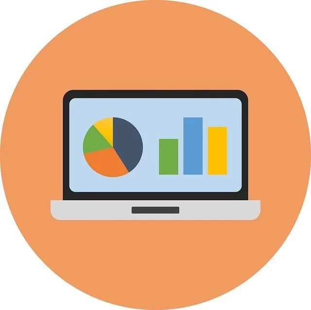 Illustration of a laptop screen showing multicolored graphs and charts