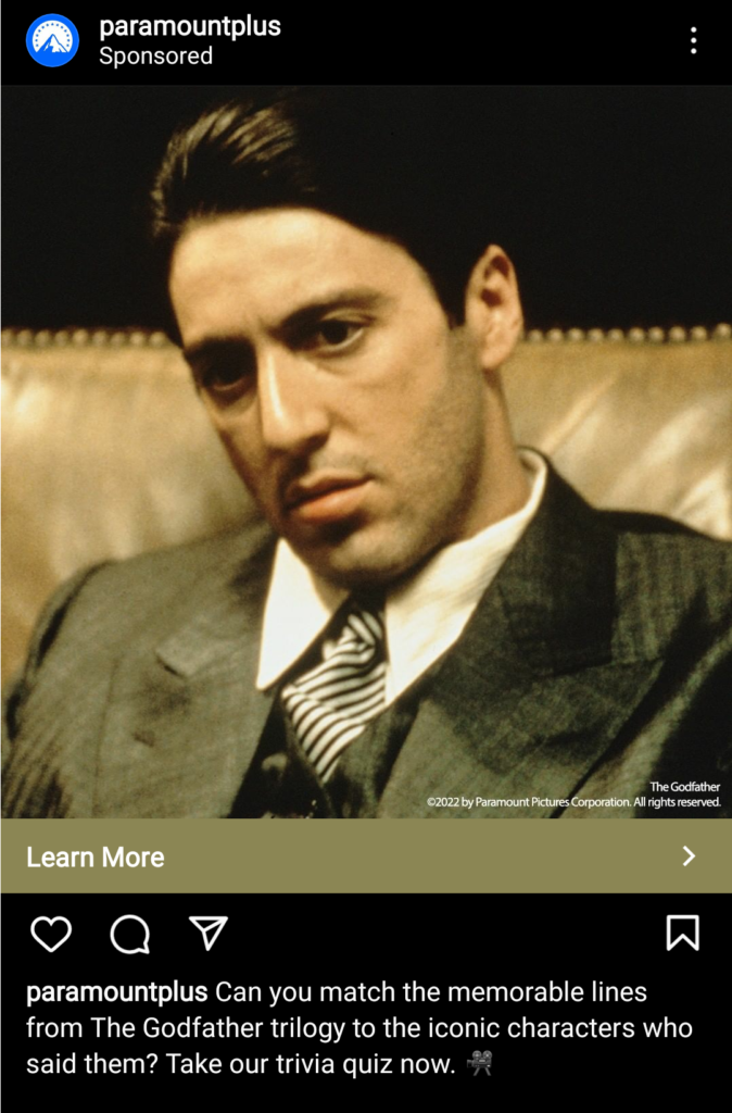 Godfather-themed ad for Paramount+ on Instagram