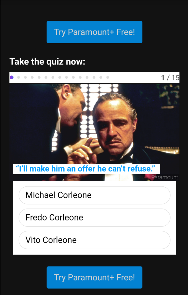 Godfather-themed quiz for Paramount+ on Instagram