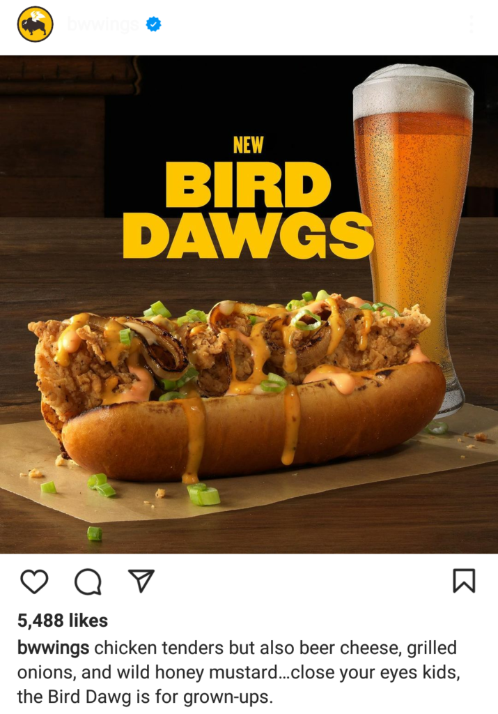 an Instagram post from Buffalo Wild Wings showing the new item Bird Dawgs