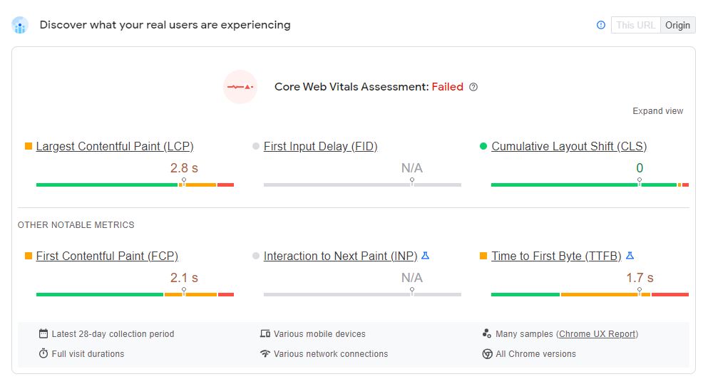 the core web vitals assessment page from pagespeed insights