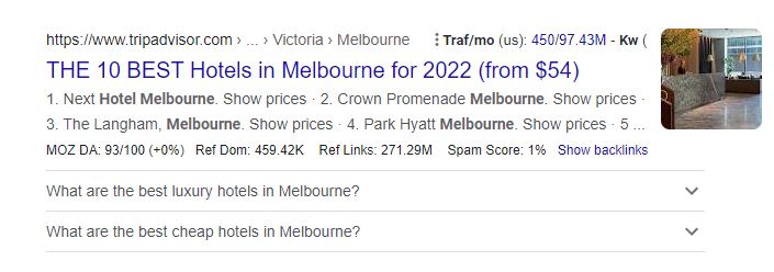 screenshot of the FAQ schema for the best hotels in melbourne in 2022 from trip advisor