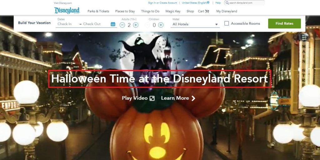 the H1 on Disneyland’s homepage