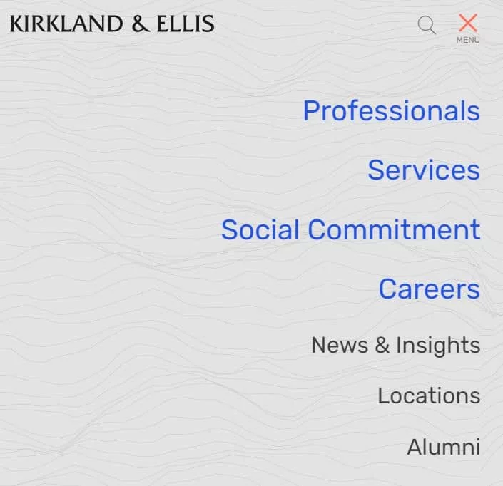 the main navigation on Kirkland & Ellis’s homepage