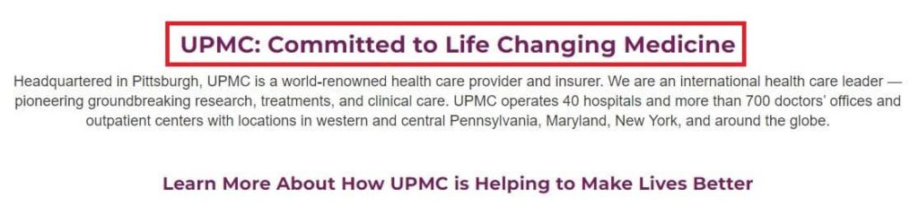 the H1 on UPMC’s homepage