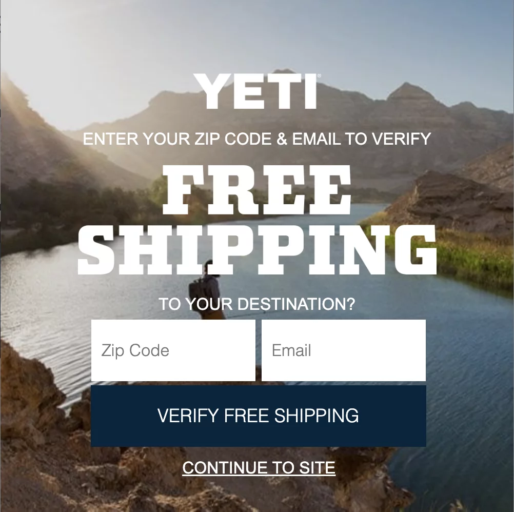Yeti free shipping lead magnet example 