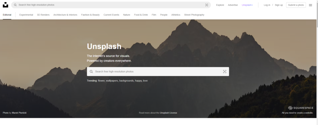 Unsplash homepage 