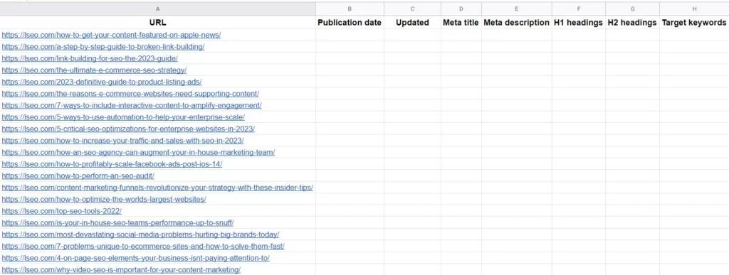 a sample spreadsheet for a content audit